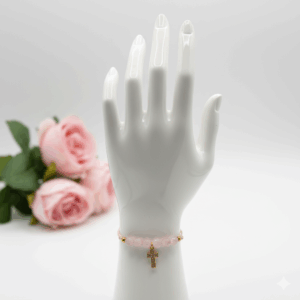 Pulsera cruz cuarzo rosa